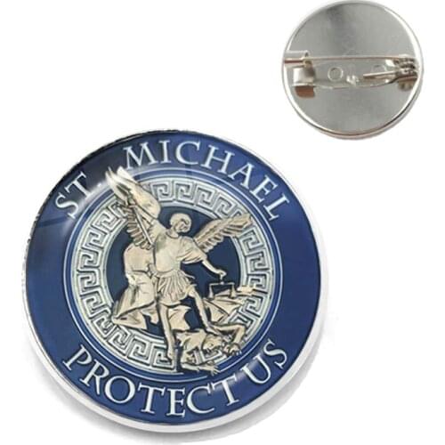 1pcs 25mm Glass Cabochon Brooch Archangel St.Michael Protect Me Saint Shield Protection Charm Russian Orhodox Collar Pin Jewelry