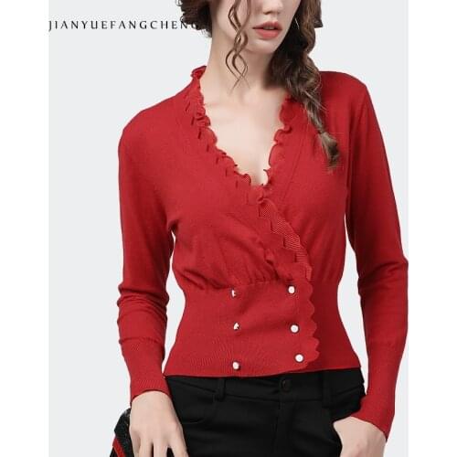 Long Sleeve Knitted Blouse Women Autumn New Ruffles V-Neck Slim High Waist Short Red Double-Breasted Cardigan Tops
