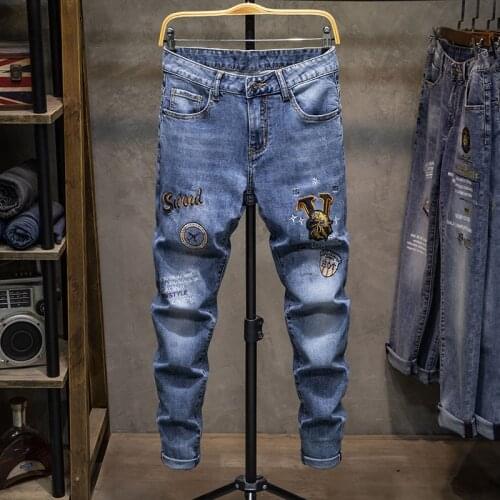Embroidery stitchwork Boutique European Men Brand Slim Jeans Denim Trousers Stretch Blue Patchwork Hole Pants For Men Ripped