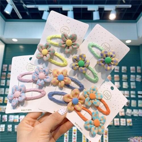 1 Pair Korean Childrens Beautiful Cute Lattice Fabric Button Flower BB Clip Fashion Sweet Girl Baby Barrettes Hair Accessories