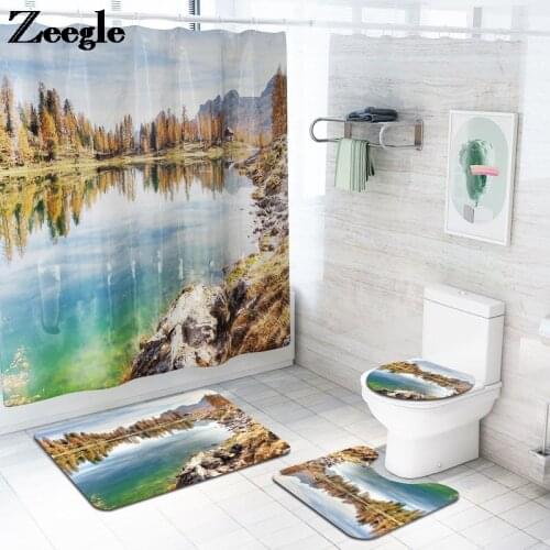 Zeegle Bath Mat and Shower Curtain Landscape Toilet Rugs Printing Bathroom Carpet Set Microfiber Foot Mat