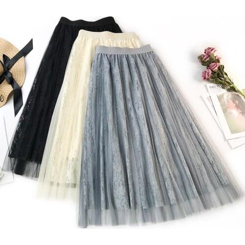 Wasteheart Spring Blue Pink Women Skirt Japan Style High Waist Ball Gown Beading Mid-Calf Long Skirts Mesh Clothing Plus Size