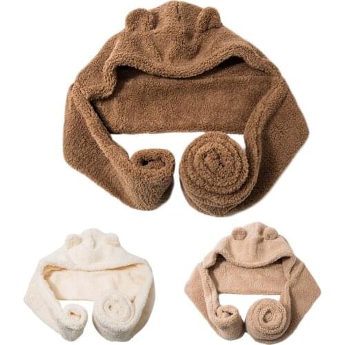 Women Winter 2 In 1 Hooded Long Scarf Beanie Hat Bear Ear Warm Plush Earflap Cap