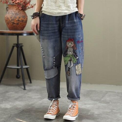 2021 New Spring Jeans Women Loose Lace Elastic High Waist Harem Pants All-Match Cartoon Patch Embroidery Cropped Trousers L428
