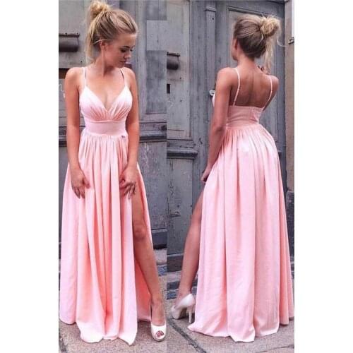 Sexy Long V-Neck Satin Pink Evening Dresses with Pockets Long Slit Floor Length Backless Abendkleider Robes de Soirée for Women