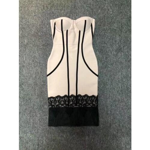 New Women Bandage Dress Vestidos Black with Beige Nude Strapless Celebrity Party Elegant Off Shoulder Lace Bodycon Club Dress