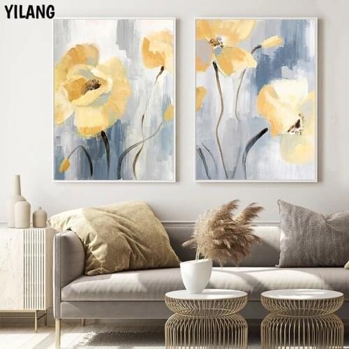 100% Hand Painted Abstract Golden Flowers Art Oil Painting On Canvas Wall Art Wall Adornment Pictures For Living Room Home Decor