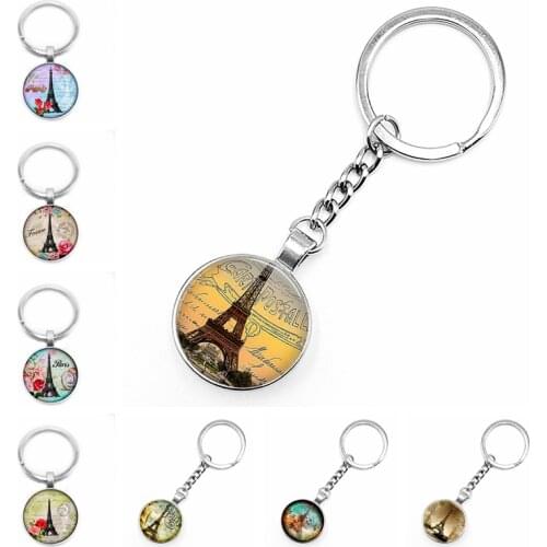 2020 New Paris Tower Keychain Glass Convex Round Personality Charm Bag Pendant Key Chain Gift