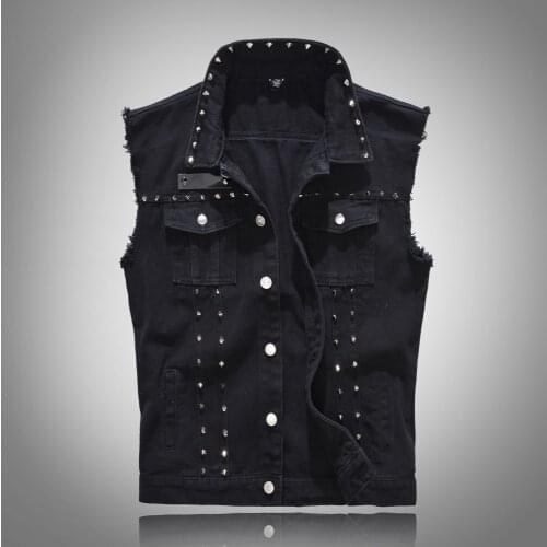 5XL plus size men vest trend men models black denim vest Korean style rivets decoration cool vest sleeveless jacket waistcoat