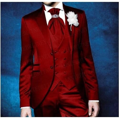 ANNIEBRITNEY Shiny Mens Suits 3 Piece Wedding Party Prom Dinner Formal Burgundy Groom Tuxedo Custom Slim Fit Blazer Vest Pant