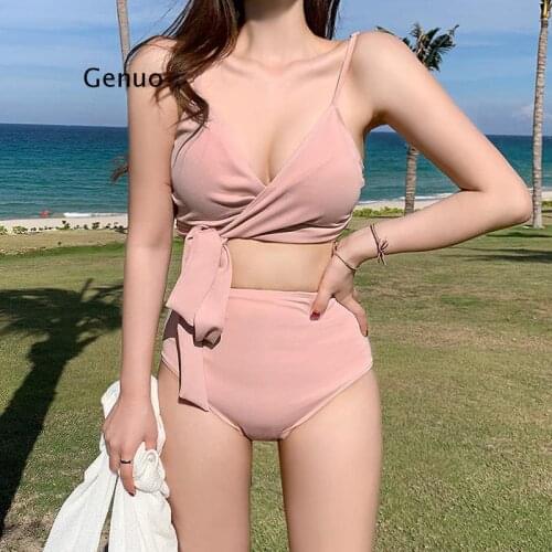 High Waist Bikini Women Solid Swimwear Push Up Swimsuit Bandage Biquini Pink Bikinis Korea Style Bathing Suit Belt Beachwear Pad