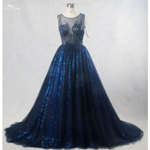 RSE186 Bling Bridal Gowns Sleeveless Boat Neckline Beading Pattern Illusion Back Royal Blue Wedding Gowns