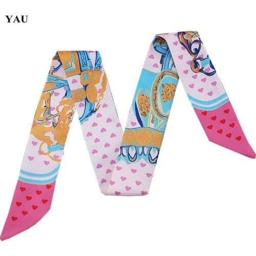 Brand 95cm*5cm Love Heart Printed Bag Strap Small Scarf Women Twill Silk Scarf Headband Long Scarves Bag Accessories Ribbon