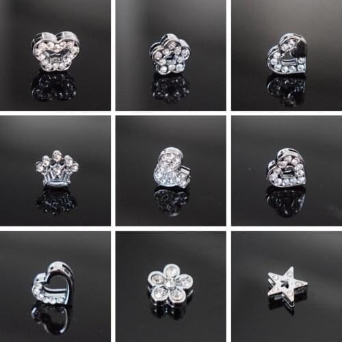 Silver Full Crystal Rhinestone Flower Crown Heart Star & @ Symbol 8mm Slide Charms Beads For 8mm Bracelets Key Chains Pet Collar