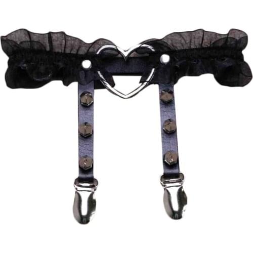 Women Sexy Lace Thigh Ring Garter Belt Punk Rock Stud Heart-Shaped Leg Loop H9ED