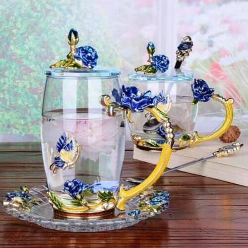 Blue Rose Enamel Coffee cup Mug Crystal Glass Cups and mugs High-grade Tea Cup Drinkware Gift Couple Mug For Lover Tea Set