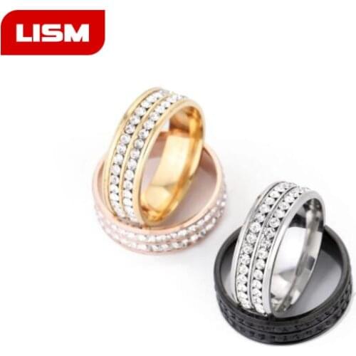 Hot Stone Jewelry Stainless Steel Double Rows Crystal Finger Mid Rings Titanium Rose Gold Rhinestone Wedding Rings for Women Men