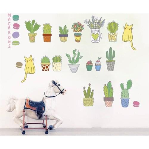 Cactus Flowerpot Plant Wall Stickers Bedroom Living Room Home Decoration Diy Pastoral Style Mural Art Diy Cat Wall Decals