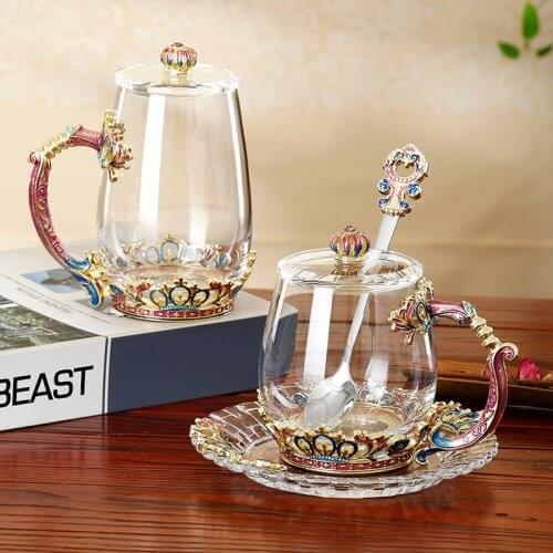 Creative crown Enamel Glass mug Coffee mugs Glass Chinese Tea Cup Coffee Mugs Creative Heat-Resistant Glass Cups Set
