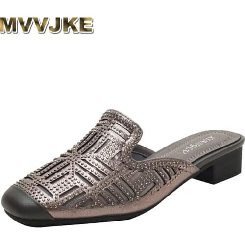 MVVJKE Mesh Diamond Slipper 2021 Summer Gold Bling Rhinestone Slipper Women Wear Thick Heel Casual Outdoor Sandal