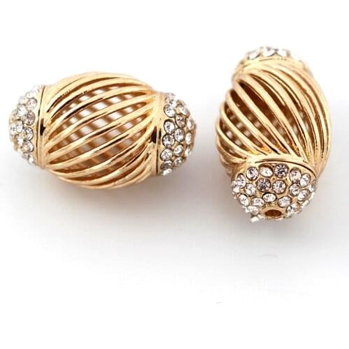 Nigerian Spacer Beads Hollow Drum Paved Rhinestone Connectors Findings DIY for Dubai Gold African Women Men Wedding Jewelry Set