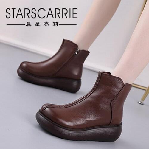 2021 autumn and winter leather retro short boots womens heightening thick-soled riding boots non-slip plus velvet womens boots