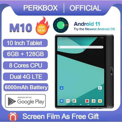 Perkbox M10 Android 10 Tablet 4G Network 10 Inch Octa Core Dual SIM 6GB RAM 128GB ROM HD Screen WiFi Bluetooth GPS Pad Type C