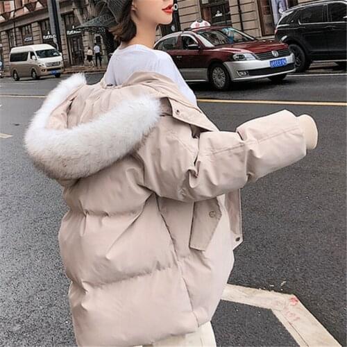 Furry collar thick padded jacket womens autumn and winter new fashion loose hooded jacket winter coat women