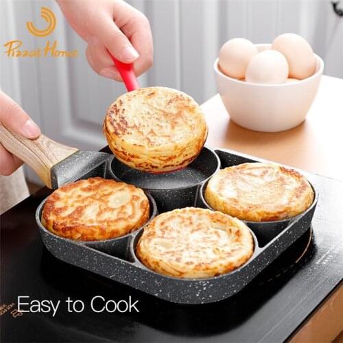 PizzatHome 4 Hole Fried Pan Non-Stick Egg Burger Pan Pancake Frying Pan Woode Handle Medical Stone Omelet Pan for All Cooker