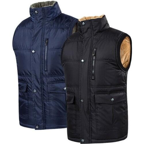Multi-Pocket Thicken Fleece Tops Mens Casual Zipper Down Jackets Vest Waistcoat