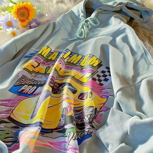 Vintage Green Streetwear Car Graphic Hoodie Oversized Sweatshirt 2021 Autumn New Casual Harajuku Fashion Clothes for Teens Tops