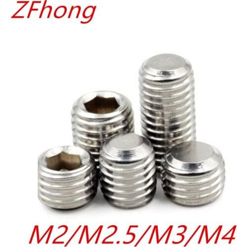50Pcs/lot DIN913 M2.5 M3 M4 304 Stainless Steel Metric Thread Grub Screws Flat Point Hexagon Socket Set Screws Headless