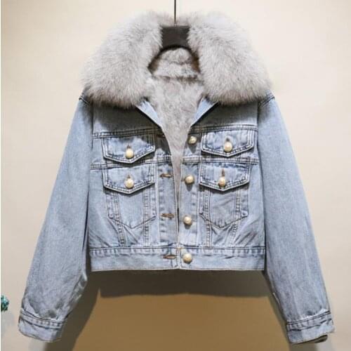 Winter 2021 new Korean fashion Rabbit fur liner short denim jacket female real fox fur collar parka buttons chic jean top coat