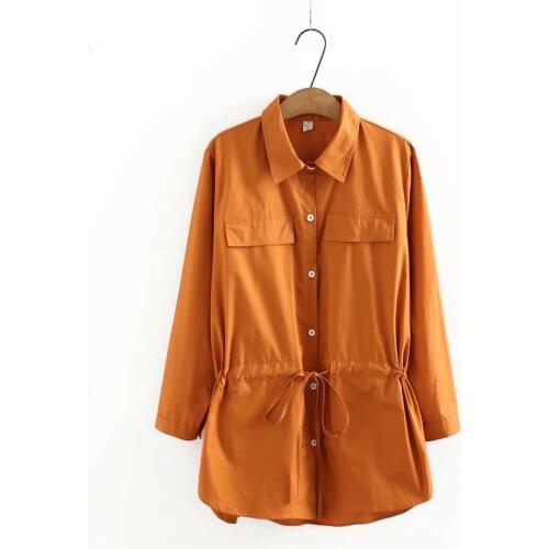 Womens oversize shirt turn-down collar Drawstring tops women 2021 spring autumn white Khaki caramel colour Mid-length Blouses
