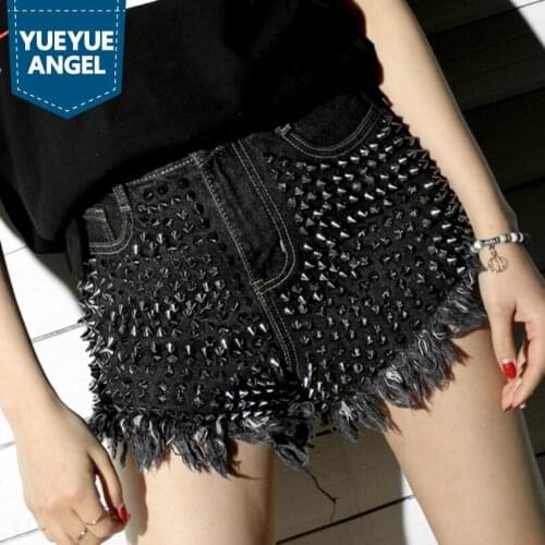 Fashion Women Casual Punk Jeans Shorts High Waist Rivet Denim Shorts Ladies Button Tassel Ripped Loose Shorts Streetwear