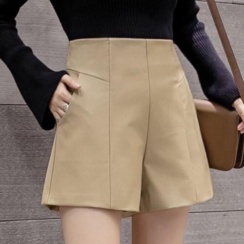PU Leather Shorts Women 2021 Casual Wide Leg Faux Leather High Waist Shorts Feminino Female Autumn Winter Zipper Shorts Womens