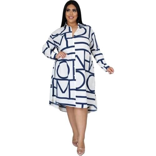 L-4XL Design Printed Plus Size Women Shirt Dress Casual Long Sleeve Turn Down Collar Loose White Black Dress Knee Length Vestido