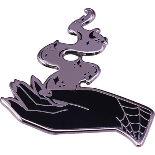 Witch Hand Pin Flames Stars Brooch Dark Gothic Wicca Jewelry