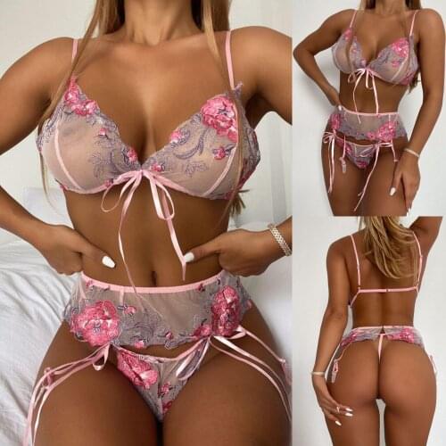 3PCS Bra Garter Belt Bow Tie Sleepwear Sexy Lingerie Set Underwear Flower Embroidery Lenceria Sensual Mujer Plus Size