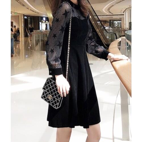 BacklakeGirls New 2021 Fashion Womens Perspective Long Sleeve Star Embroidery Elegant Mesh Hollow Out Mini Cocktail Dresses