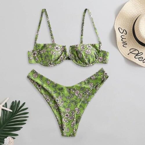 High Cut Thong Bikini 2020 Women Green Floral Print Underwire Swimsuit Brazilian Summer Bathers Bathing Suit Micro Swimwear