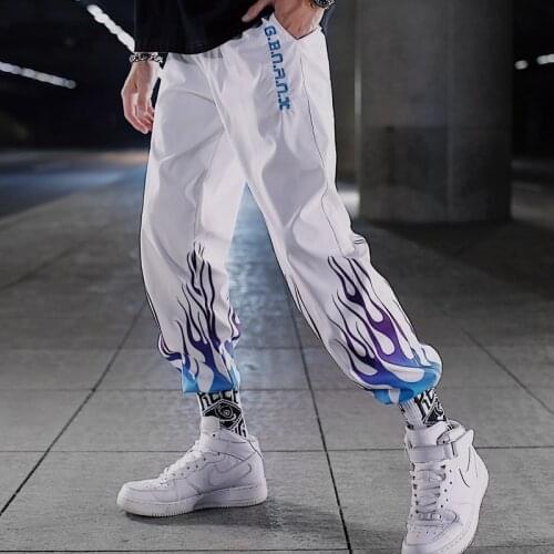 Fire Print Color Block Patchwork Harem Pants Men Hip Hop Casual Joggers Trousers Male Fashion Windbreaker Joggers Sweatpants