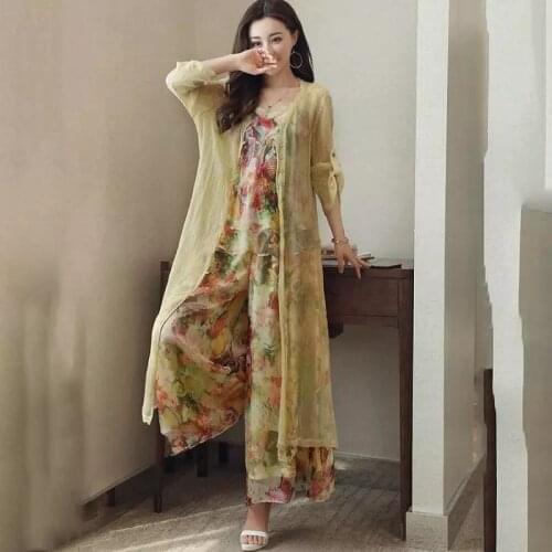 Fashion wide leg pants Suit Woman 2021 Summer autumn new Woman Chiffon Printed Pants Three-pieces Sets s464