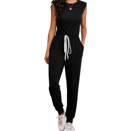 One Piece Femme Sleeveless Long Pants Women O-Neck Lace Up Jumpsuit Summer Casual Belts Rompers Elegance Solid Color Jumpsuits