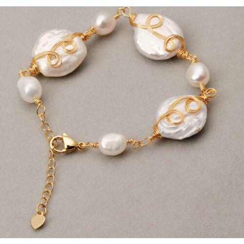 Women gold plated wire woven baroque pearl bracelet chain bangles pearl jewelry
