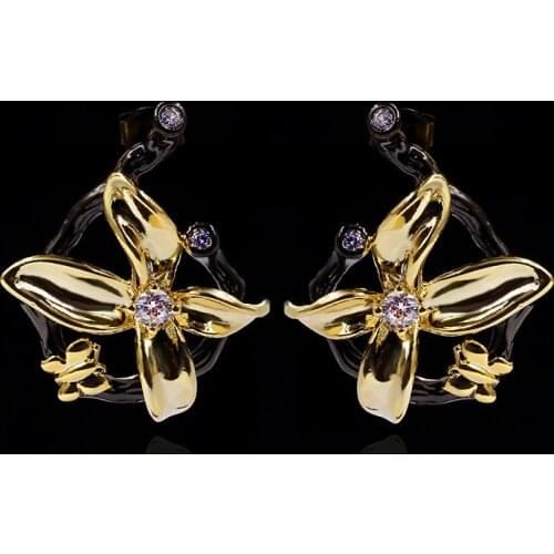 CIZEVA Temperament Jewelry Luxury Fashion Flower Bowknot Black Gold Earrings Female Noble 925 Sterling Silver Stud Earrings