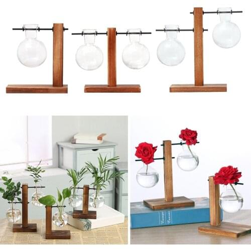 Hydroponic Mini Bulb Shape Vase Vintage Desktop Plant Terrarium Planter Bulb Glass Vase Wood Stand for Home Decor Flower Pot