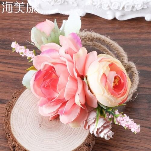 Haimeikang Artificial Wrist Corsage Flowers Wedding Bride Woodland Woven Straw Cuff Bracelet Fake Rose Flower Party Accessories
