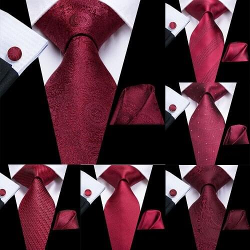 Hi-Tie Designer Men Necktie Burgundy Paisley Solid Silk Wedding Tie For Men Hanky Cufflinks Tie Set Business Party Dropshipping
