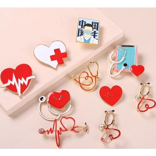 Classic Doctor Nurse Stethoscope Enamel Brooches For Women Men Heartbeat Shaped Lapel Badge Pins Clothes Bag Jewelry Gifts